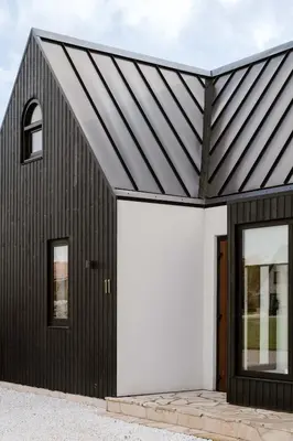 a black and white house with a black roof at 8 persons Wellness Villa Tulpenacker in Roelofarendsveen