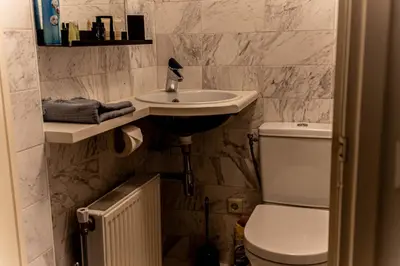 a bathroom with a sink and a toilet at Amsterdam Beach Home 88 in Zandvoort
