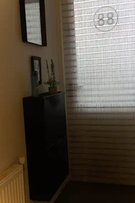 a room with a window with a plant on a dresser at Amsterdam Beach Home 88 in Zandvoort