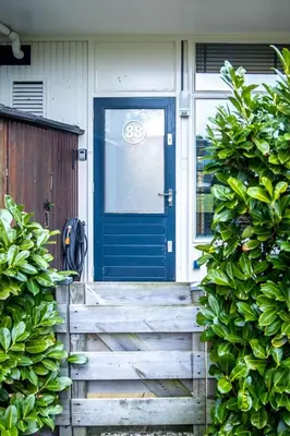 a blue front door of a house with stairs at Amsterdam Beach Home 88 in Zandvoort