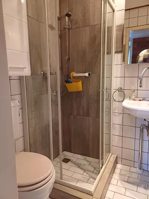 a bathroom with a shower with a toilet and a sink at Ferienhaus Müller in Burgerbrug
