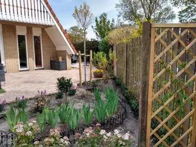 a garden in front of a house with a wooden fence at Cozy holiday home in Burgerbrug in Burgerbrug