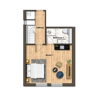 a rendering of a floor plan at Luxury Studio in Utrecht Center - view on canal in Utrecht