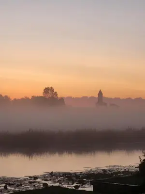 a misty sunrise over a lake with a tower in the distance at B&B Koe en Kussen in Bodegraven