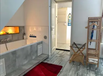 a bathroom with a tub and a red rug at OscarReestratResidence in Amsterdam