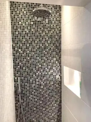 a bathroom with a shower with black and white tiles at OscarReestratResidence in Amsterdam