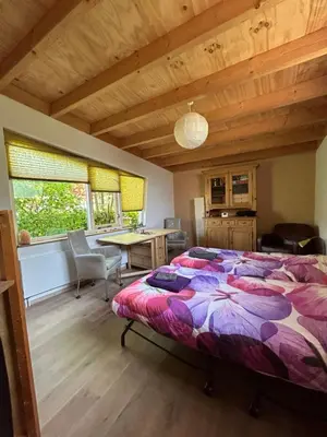 a bedroom with a large bed and a desk at B&B 't Buitenkansje in Almere