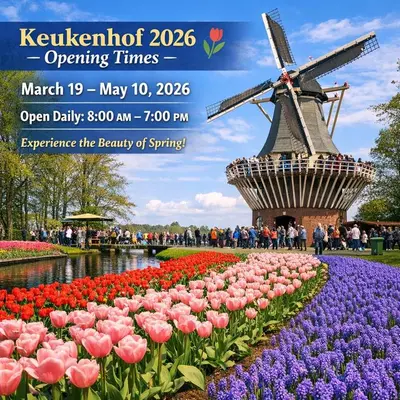 aestival of tulips in the park with a windmill at Aan de Amstel in De Hoef