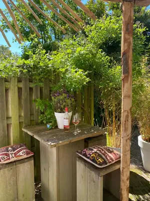 a wooden table with wine glasses and a pergola at Studio Lief Bergen binnen, bij bos duin en dorp in Bergen