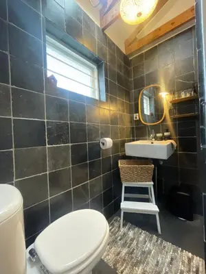 a bathroom with a toilet and a sink at Kust 1 in Egmond aan Zee