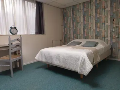 a bedroom with a bed and a desk and a window at Hotel Villa Flora in Hillegom