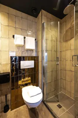 a bathroom with a toilet and a shower at Hotel Villa Flora in Hillegom