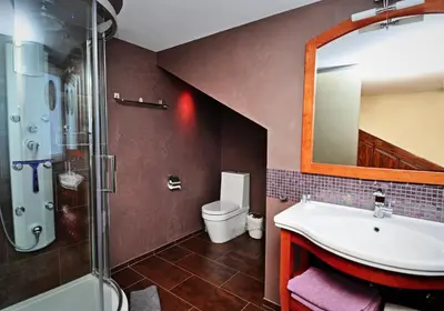 a bathroom with a sink and a shower and a toilet at Pension & Spa de Watertoren in Zandvoort