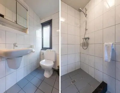 two pictures of a bathroom with a toilet and a sink at Hotel Zee Bergen in Bergen