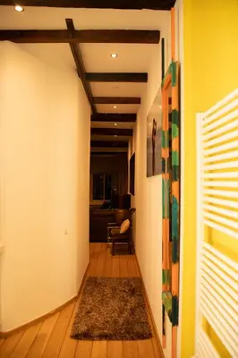 a hallway with a living room with a rug at Red light district B & B canal view in Amsterdam