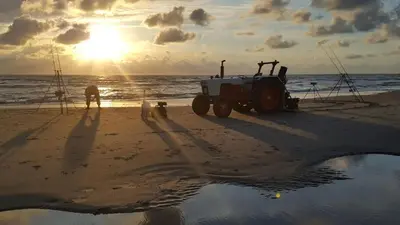 a tractor on the beach with a man and a dog at Zomerhuis Duinzicht in Egmond aan den Hoef