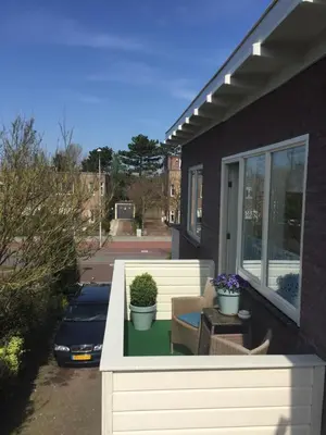 a house with a porch with two potted plants on it at Studio De Laan in Zandvoort