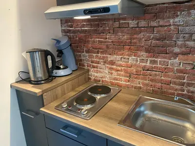 a kitchen counter with a sink and a brick wall at Appartement - B&B de Koog in Uitgeest