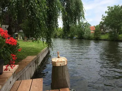 a bird sitting on a wooden post next to a river at Logement aan de Vecht in Breukelen