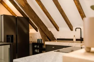a kitchen with black appliances and wooden ceilings at Ruyge Weyde Logies, Eco Farm in Oudewater
