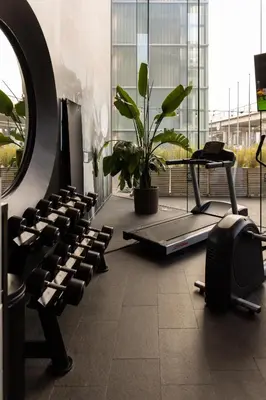 a gym with rows of dumbbells and a potted plant at Hotel2Stay in Amsterdam