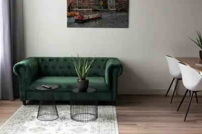 a green couch in a living room with a potted plant at Hotel2Stay in Amsterdam