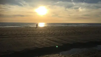 a person walking on the beach at sunset at Ferienhaus Glücklich am Meer 1 mit Wellnesszugang in Egmond aan Zee