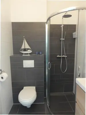 a bathroom with a toilet and a shower at Benny's Beach House 2 in Zandvoort
