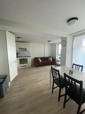 a kitchen and living room with a table and chairs at @Juliette in Zandvoort