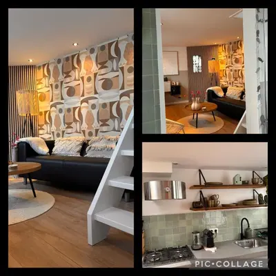 a collage of three pictures of a living room at Huisje 16 in Noordwijk aan Zee