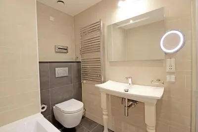 a bathroom with a sink and a toilet and a mirror at 2 bedroom loft near Rijksmuseum in Amsterdam