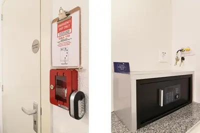 two pictures of a door with a fireplace and a phone at Only Friends in Amsterdam