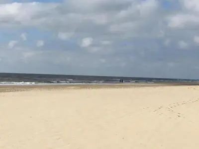 a beach with a person flying a kite on it at Peaceful Dune Retreat with Garden in Schoorl