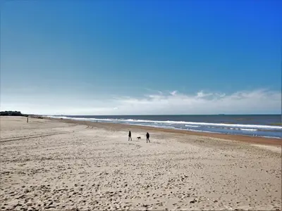two people and a dog walking on the beach at Holiday Home with bubble bath in Noordwijk in Noordwijk