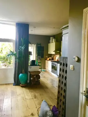 a kitchen with a plant in the middle of a room at Charming countryhouse near Amsterdam in Abcoude