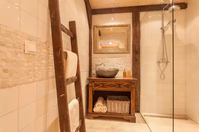 a bathroom with a sink and a mirror and a shower at B&B 'De Bedstee' in Rijnsburg