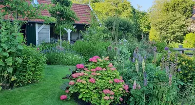 a garden with colorful flowers and a house at B&B Slapen bij de burgemeester in Sint Pancras