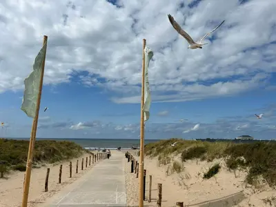 a pathway to the beach with flags and a bird at Holiday Home Alk 6 by Interhome in Noordwijk