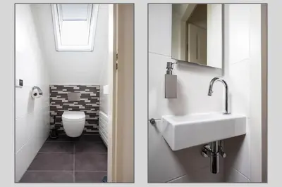 two images of a bathroom with a sink and a toilet at Ferienhaus Sonnenschein in Sint Maarten