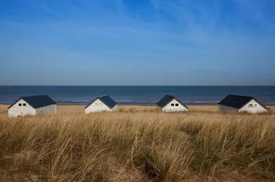 a row of houses on a beach near the ocean at Surf en beach strandhuisjes in Katwijk