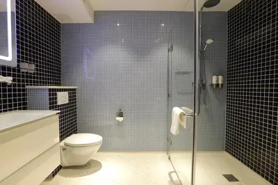 a bathroom with a shower with a toilet and a sink at Chasse Boutique Hotel in Amsterdam