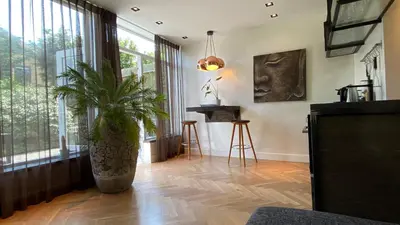 a living room with a potted plant on a wooden floor at Het Lichthuis in Zandvoort