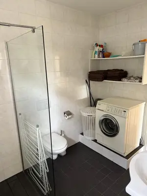 a bathroom with a washing machine and a toilet at huize Louwra in Egmond-Binnen