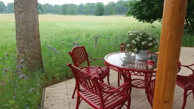 a patio with a table and chairs and a field at Het Findament Tiny house in Hilversum