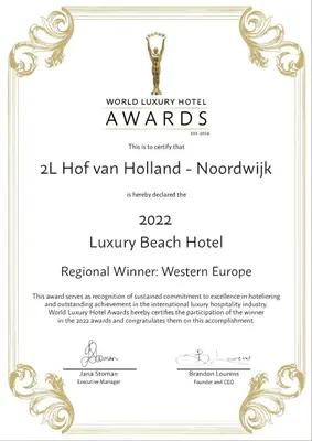 a invitation for a beach hotel with a certificate at 2L Hof van Holland apartments in Noordwijk