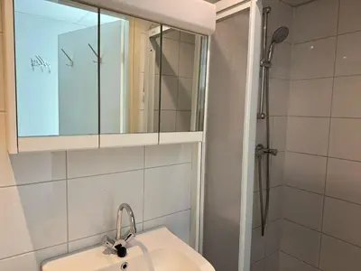 a bathroom with a sink and a shower at Seaview 15 in Zandvoort