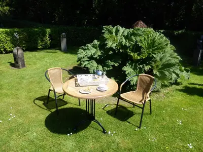 a table and two chairs in the grass at de zanderij in 's-Graveland