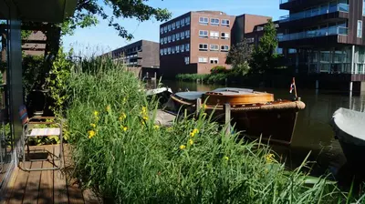 a boat is docked in the water next to buildings at Room With A Few in Amsterdam