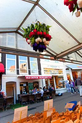 a hanging basket of flowers in a shopping center at Top Of The City in Amsterdam