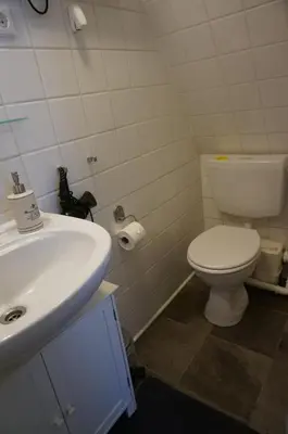 a bathroom with a white toilet and a sink at Amsterdam Roof Terrace B&B in Amsterdam